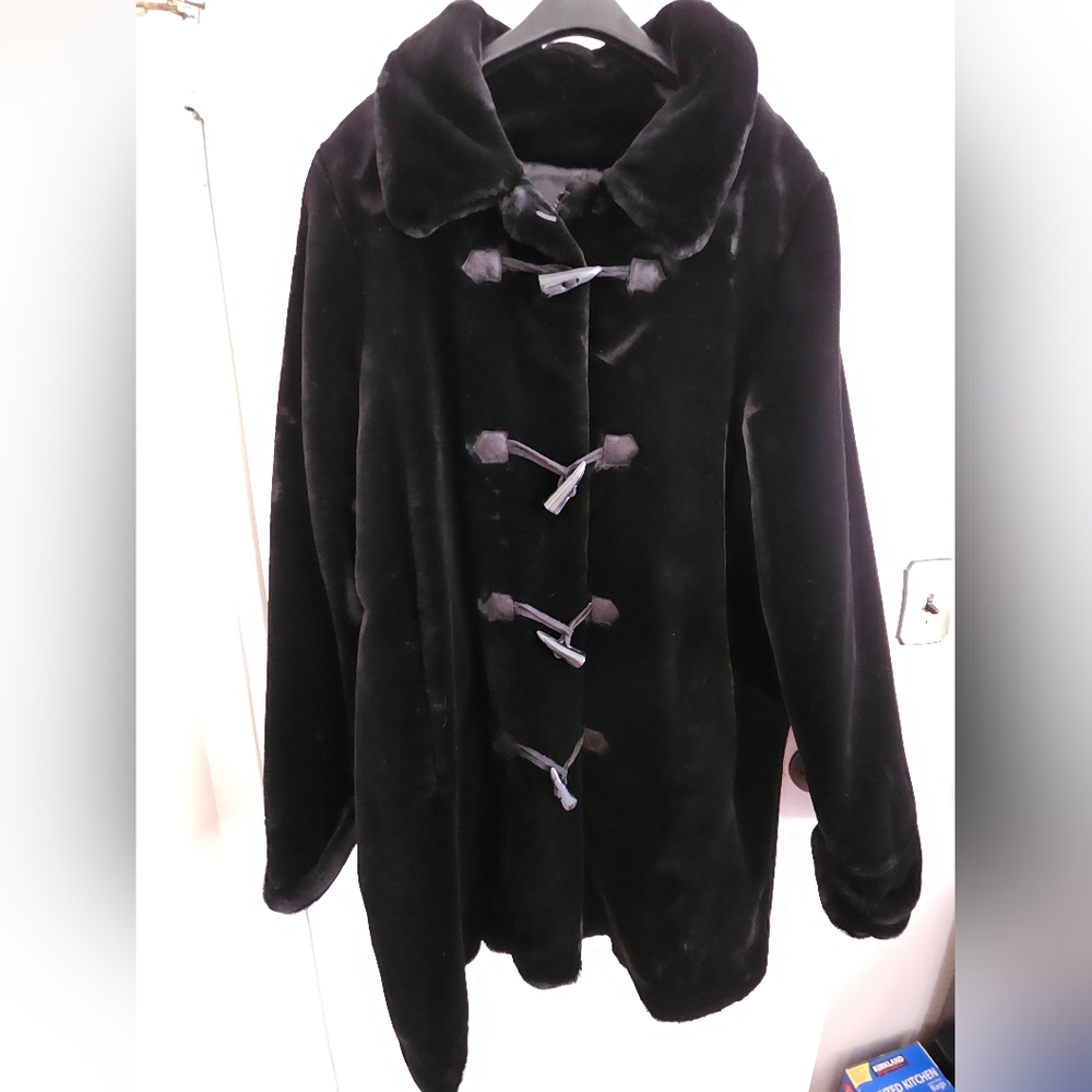 Dennis Basso Black Faux Fur Jacket with Toggle and Hood Coat QVC